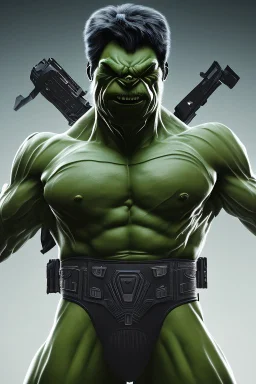 4K Ultra-HD -- the Hulk with buzz cut hair wearing a formfitting camouflage jumpsuit with police badge and metal brodie helmet. and black cape-- 4k Ultra-HD, Hyper Realistic, Cinema lighting