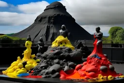 A volcano near a lava like filled with angry faced statues painted by Piet Mondrian