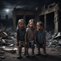 Hyper Realistic Children crying outside a destroyed building in a dark night