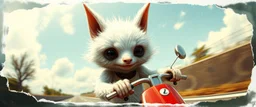 3d airbrush render, white fluffy gnome native panda elf alien dodo on insane fast scooter, pinhole cam, airbrush 3d rendering, in the style of Titian and Dali , torn edges on border