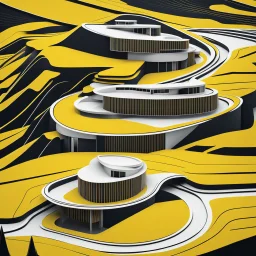 Ilustración minimalista de una casa campestre estilo Zaha Hadid forma ovalada en las montañas arte nouveau neón lineal color negro blanco y amarillo calidad ultra fondo ciudad vista aérea area