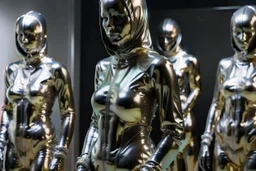 Hyperrealistisch dutzende Frauen völlig verhüllt von hermetischen silber glänzendem Ganzkörper-Zentai mit geschlossenem undurchsichtig verspiegeltem Visier in identischen silberfarbenen, geschlossenen Helmen stehen doppelreihig Spalier