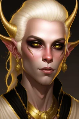 young man tiefling with white blonde hair and gold jewelry, wearing white and gold, demon eyes with no pupils