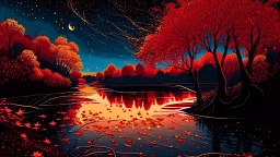 River, trees with golden and red leaves, autumn, a beautiful night sky, visible galaxies, river of blood, comic style