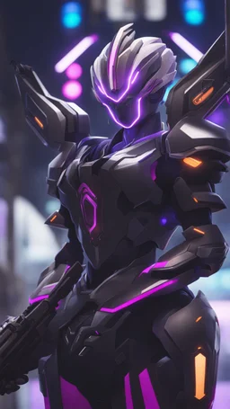 A close picture to Ramattra nemesis form in overwatch art style with black color and neon purple details