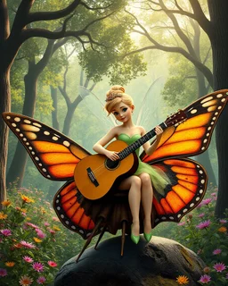 Photography Art Pretty Tinkerbell,wearing adorned luxurious ,she on end up sitting and riding an giant butterfly,playing acoustic guitar in beautiful forest giant trees oaks, flowers,background