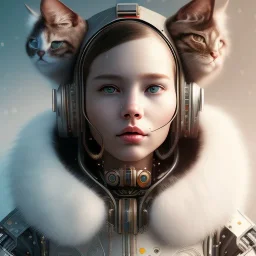 Cyberpunk Portrait of cyborg cat child with brown hair and with cute face, north pole snowy vibe , perfect composition, hyperrealistic, super detailed, 8k, high quality, trending art, trending on artstation, sharp focus, studio photo, intricate details, highly detailed, by greg rutkowski