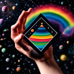 fantasy 90's tcg art of a rainbow card held by a hand in space