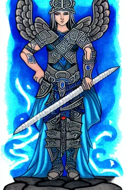 a person in runic armor with blue wings, blue short hair, runic tattoo and spell book