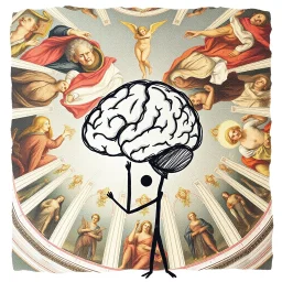 photograph of the roof of the Sistine chapel, but the mural is now a crude crayon drawing of a stick figure old man touching a rough outline of a brain with one finger, stick figure drawing, concept art, hyperreal