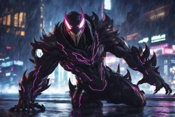 Warwick venom in 8k solo leveling shadow artstyle, machine them, mask, close picture, rain, neon lights, intricate details, highly detailed, high details, detailed portrait, masterpiece,ultra detailed, ultra quality