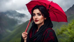 Hyper Realistic Close-Face-View-Of Beautiful Young Happy Pashto Woman With Beautiful-Black-Mascara-Eyes-&-Black-Hair Wearing Black-Frock & Black-Shawl-With-Maroon-Lace Carrying An Red Umbrella On Mountain-Top With Greenery & Breathtaking Cloudy-Rainy-Weather Showing Dramatic & Cinematic Ambiance.