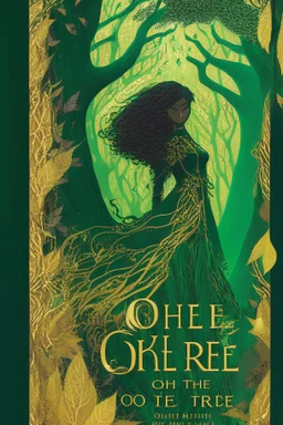 book cover, In the heart of a dense and enigmatic forest with towering ancient trees cloaked in emerald, yellow and amber foliage stands a witch possessing an ethereal allure her lustrous hair cascading in ebony waves down to her slender waist she is slowly turning into a tree herself