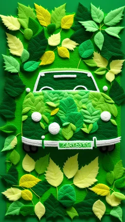 felt art patchwork depict green electric car made of leaves