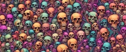 a field of 1000s of cartoonish, anatomically correct, skulls, vivid RANDOM BRIGHT neon colors, dark comedy, well lit, high detail, photorealistic, horrorcore, fun, scary, dead, 100% detail on all drawn, nothing partial or filler, by hanna barbara