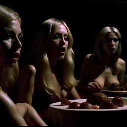 Horror movie shot, spooky, hot, ultra realistic, dine, they enjoy and get excited, ultra realistic hot blonde women, party, pieces of meat, organs, ail, dynamic, very excited people, hypermaximalist figures, light, 1970's Italian horror movie, sinister,, Dario Argento, Stanley Kubrik, ornate, 4k, photorealism