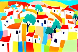 whimsical arafed nonsense, patchwork vibe, acrylic and ink painting of a cozy village main street on undulating hills with color (((minimal))) sketches of village people with (((extremely long limbs))), (((oversize head))), sharp color contrasts, amazing shadows, (((exaggerated limbs and head))), minimal cozy, warm palette, bright bold warm summer colors, color leak, sparse bright orange-red splinters, heavily distorted views, amazing parallels, amazing reflections