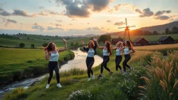 a group of young ladies in sports pants and blouse are dancing to camera in village over high grassy hills,a small fall and river and wild flowers at river sides, trees houses ,next to Ripe wheat ready for harvest farm,windmill ,cloudy sun set sky