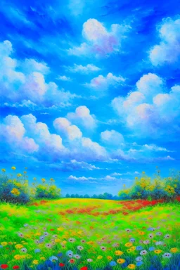 impressionism nature peace communication compassion tranquility blue sky meadow fluffy clouds flowers monet expressionism