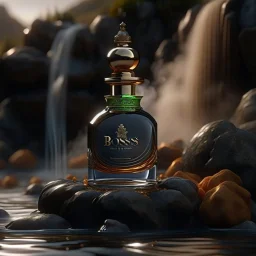 social media ad post for boss brand royal perfume .steam in the background. dramatic on rock cinematic croissant .cinematic,8k high cualitcy