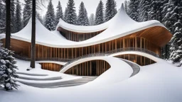 7195, rule of thirds, delightful, sensitive, confident, undulating sinusoidal theatre with pointed hyperbolic roofs, forest, delicate, thick snow, symmetrical, exquisite architecture, innovative design, perfect symmetry, award-winning photograph, beautiful composition, filled with beautiful detail, delicate colour, chiaroscuro