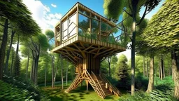 A unique and unconventional treehouse that features a modern and elegant design, with different angles and geometric shapes. The treehouse should be suspended high in a lush, green forest, surrounded by tall trees and vibrant foliage.