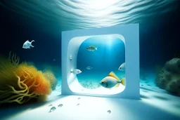 white,background,looking,through,a 3-d, square hole,watching,tropical,fish,swimming,in,the,ocean