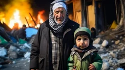 Palestinian old man wears the keffiyeh and the Palestinian dress Carrying a seven small child ,at winter , Destroyed Buildings , with a Explosions, at night