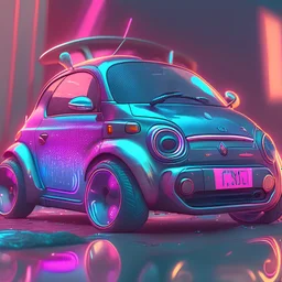 Concept art Small cute car, synthwave fiat 500, art by freakyfir, hakira toriyama, hyper detailed, cinematic lighting, digital illustration, bold contouring, octane render, realistic, volumetric ray tracing, 8k hdr resolution, cyberpunk