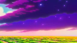 purple sky full of stars, sunflower field, anime, high res, makoto shinkai