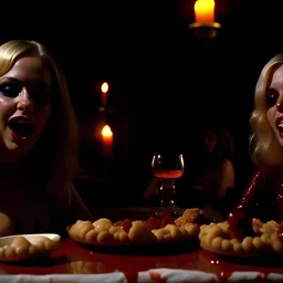 Horror movie shot, spooky, hot, ultra realistic, dine, bones, ultra realistic hot blonde women, party, pieces of meat, organs, ail, dynamic, very excited people, hypermaximalist figures, light, 1970's Italian horror movie, sinister,, Dario Argento, Stanley Kubrik, ornate, 4k, photorealism