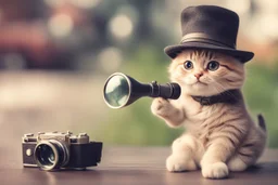 cute chibi spy cat in detective clothes and hat with magnifying glass, watching pictures with it in sunshine, ethereal, cinematic postprocessing, bokeh, dof