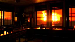 4K, ultra detail, ombres lumieres et reflets maximum, full realism. Light maximum. Terminator fighting with the devil on a radio station. A nuclear explosion can be seen outside the window. Fire in the room