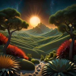 An incredibly peaceful detailed landscape, Max Ernst, Henri Rousseau, Haji Widayat, primordial nature, sun, strong texture, extreme detail, intricate, strong colours, bas-relief, high resolution, volumetric light, 8k, 3d, cinematic, rich moody colors, sparkles, decal, octane render, 55mm photography, 8k, sharp focus, volumetric light, ZBrush