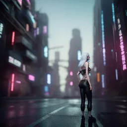 A wide-angle shot of a young, white-haired attractive woman standing on a sidewalk in a cyberpunk city. High-resolution