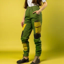 Women model wearing cargo jeans with patch with twill armor jellow and green