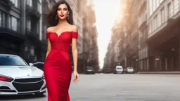 full body shot of young, beautiful Ozbek brunette with a perfect happy face with make up, wearing red lace off shoulder dress, over a luxury roof less car in amodern city street.