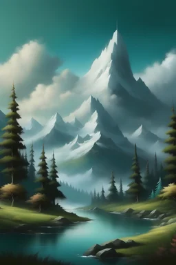 Create a stunning mystical mountain landscape with tall snowy peaks and dense forests in the epic style of Bob Ross.
