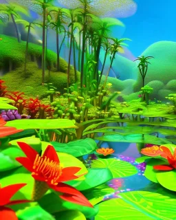 mystical venus fly trap, flowers, jungle, vibrant colours, impressionism, soft lighting. trees in background, dragonfly,