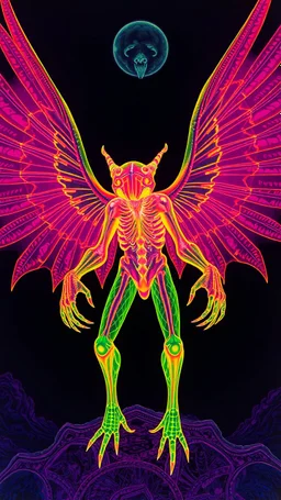 Winged Dingus in the style of Giger and Escher in Transparent Psychedelic Fluorescent Colors looking like a Record Cover
