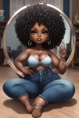 Create a furturism magna art of a black chibi curvy female sitting on the floor looking at herself in a hand mirror. She is wearing tight blue jeans and a black off the shoulder blouse. Prominent make up with lush lashes. Highly detailed tight curly afro. She is also wearing silver large hoop earringsart of a black chibi curvy female sitting on the floor looking at her cell phone. She is wearing tight blue jeans and a black off the shoulder blouse. Prominent make up with lush lashes.