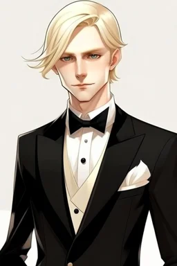 refined man with blonde anime wearing tuxedo realistic