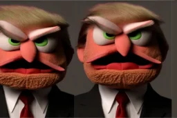 Angry muppet trump in a suit with a spray tan, No tongue