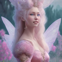 a pink castle, a cheerful fairy in front, big smile, pink, blonde hair, beautiful, whole face, whole top hair head, wide open blue eyes, transparent wings onn the back, hyperrealism, masterpiece, expert, cinematic lighting, sharp focus, 8K, pastel, macro lens, woman, detailed, flower