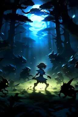 Anime scene of a protagonist fighting shadow creatures in a moonlit forest, highlighting the glowing eyes of the creatures and the determined stance of the protagonist.