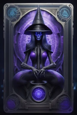 sacred geometry framed playing card, black, blue and purple drum set spider serpent priestess cyber in witch hat shadows boss card in the style of Giger and fallout 4 ,bokeh like f/0.8, tilt-shift lens 8k, high detail, smooth render, down-light, unreal engine