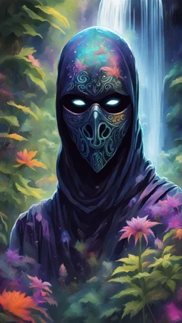 portrait of masked ninja dementor psychedelic interdimensional robot in the garden, waterfall and elves ,lotsa wild weed, in spotlight, magazine cover illustration with spray paint, signed, bokeh like, down-light, unreal engine, prize winning