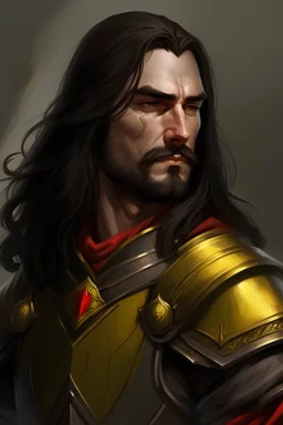 portrait of a handsome 35 year old kahl drogo, long dark hair in a queue, powerful, in armor, red, yellow eyes