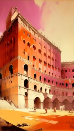 A light rosy orange colored coliseum in a city painted by John Singer Sargent
