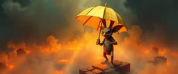 smite by god was alice from wonderland and the evil hare gremlin man holding a golden umbrella in a pool of smoke and lava in the style of Escher and Giger.